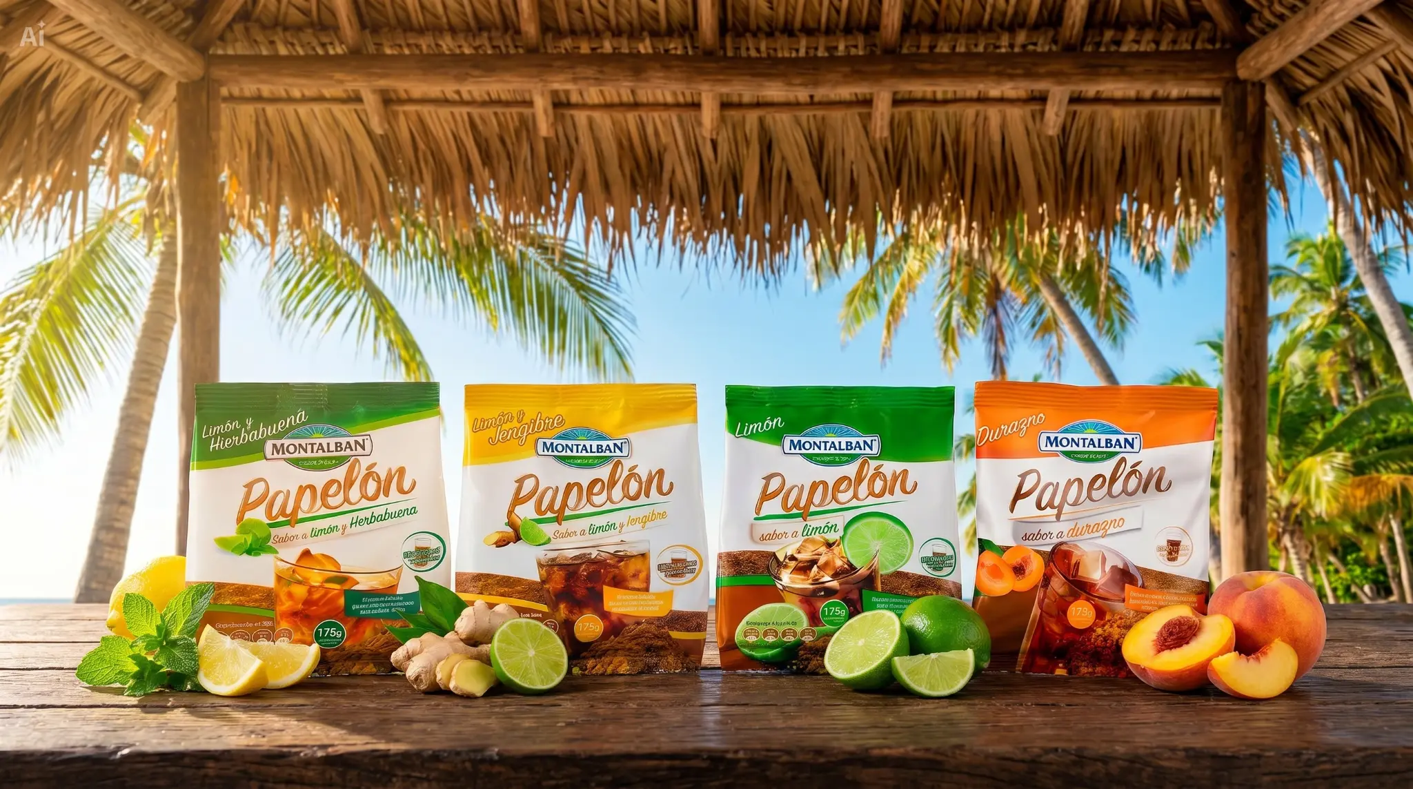 Los 4 sabores de Papelón Montalbán en escena de playa tropical al atardecer